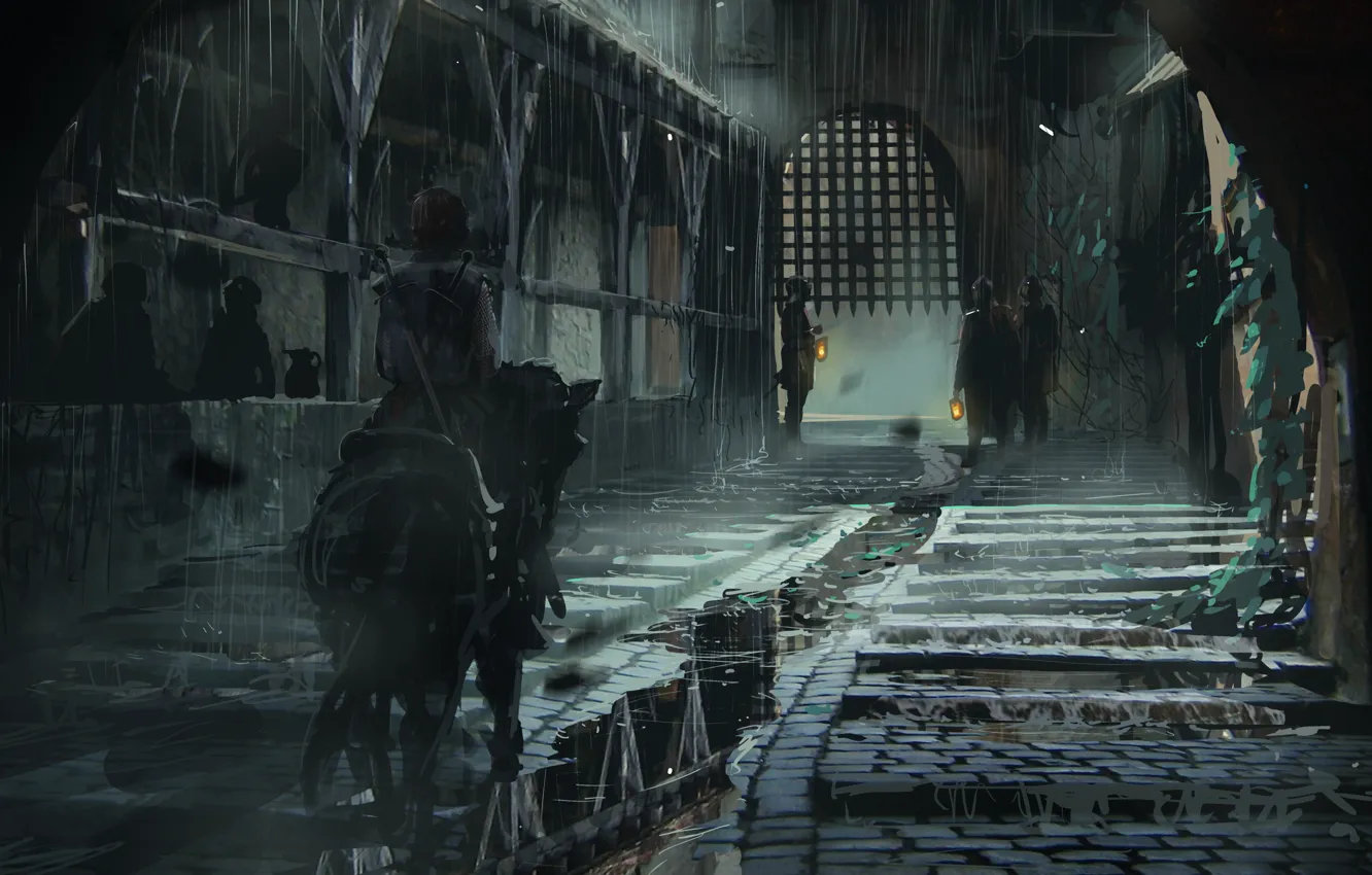 Фото обои свет, оружие, люди, улица, лошадь, меч, решетка, арт