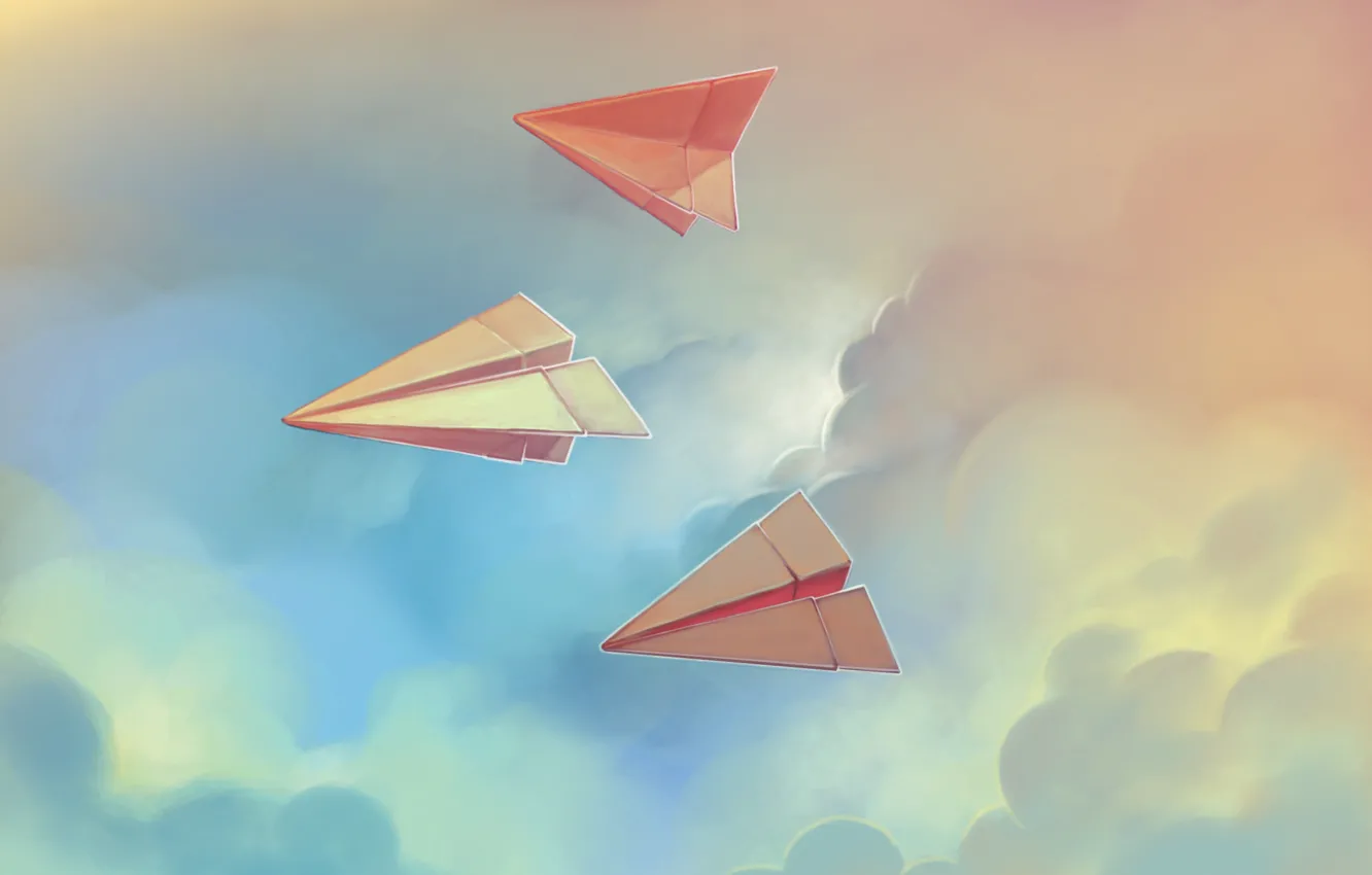 Фото обои небо, облака, бумага, арт, самолеты, бумажные, самолетики