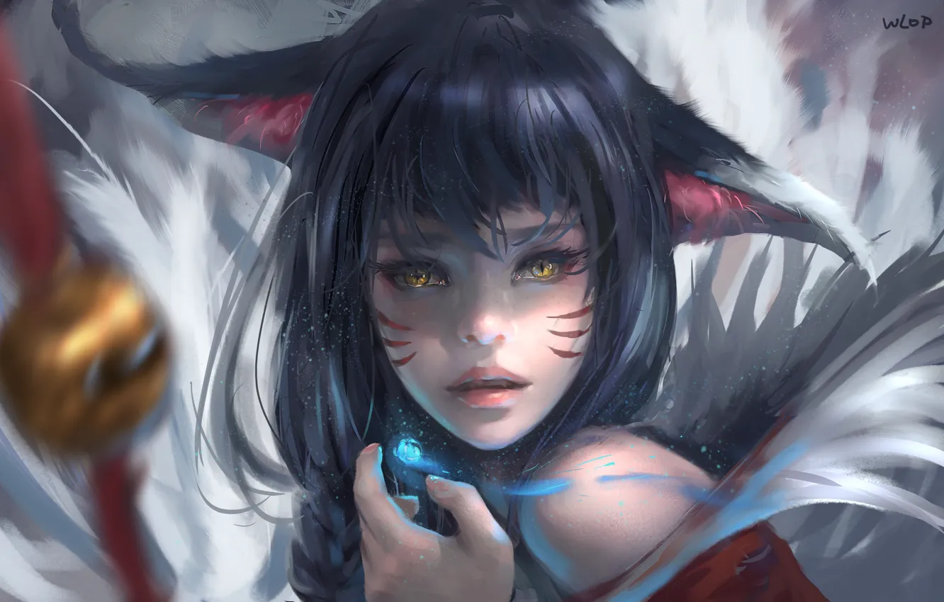 Фото обои Девушка, Эльфийка, Art, League of Legends, Ahri, Nine-Tailed Fox, Wlop