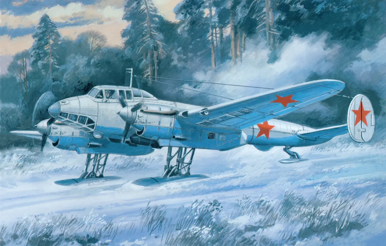 Фото обои зима, поле, снег, самолет, рисунок, арт, бомбардировщик, советский