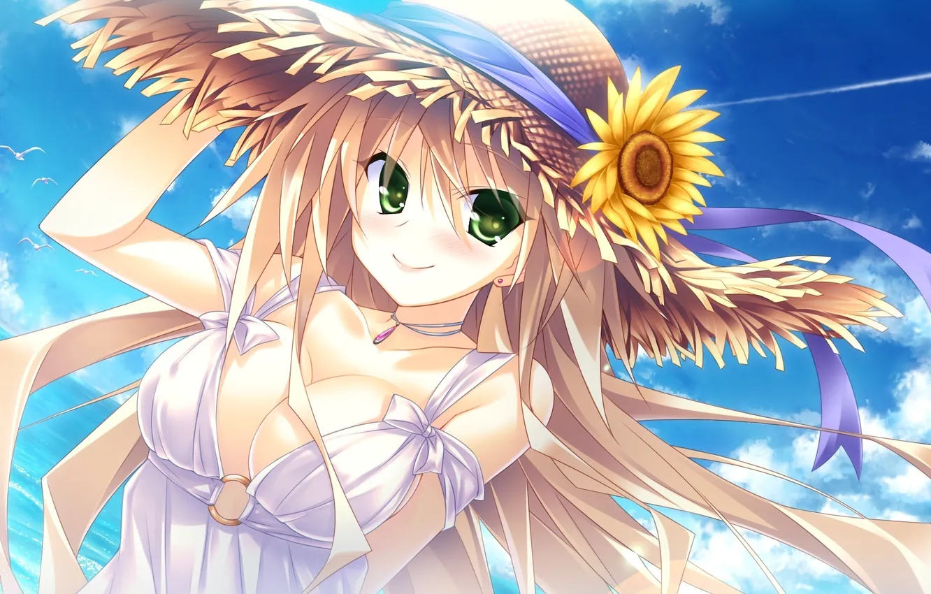Фото обои море, цветок, девушка, шляпа, арт, game cg, hibarigaoka itsuki, guardian☆place
