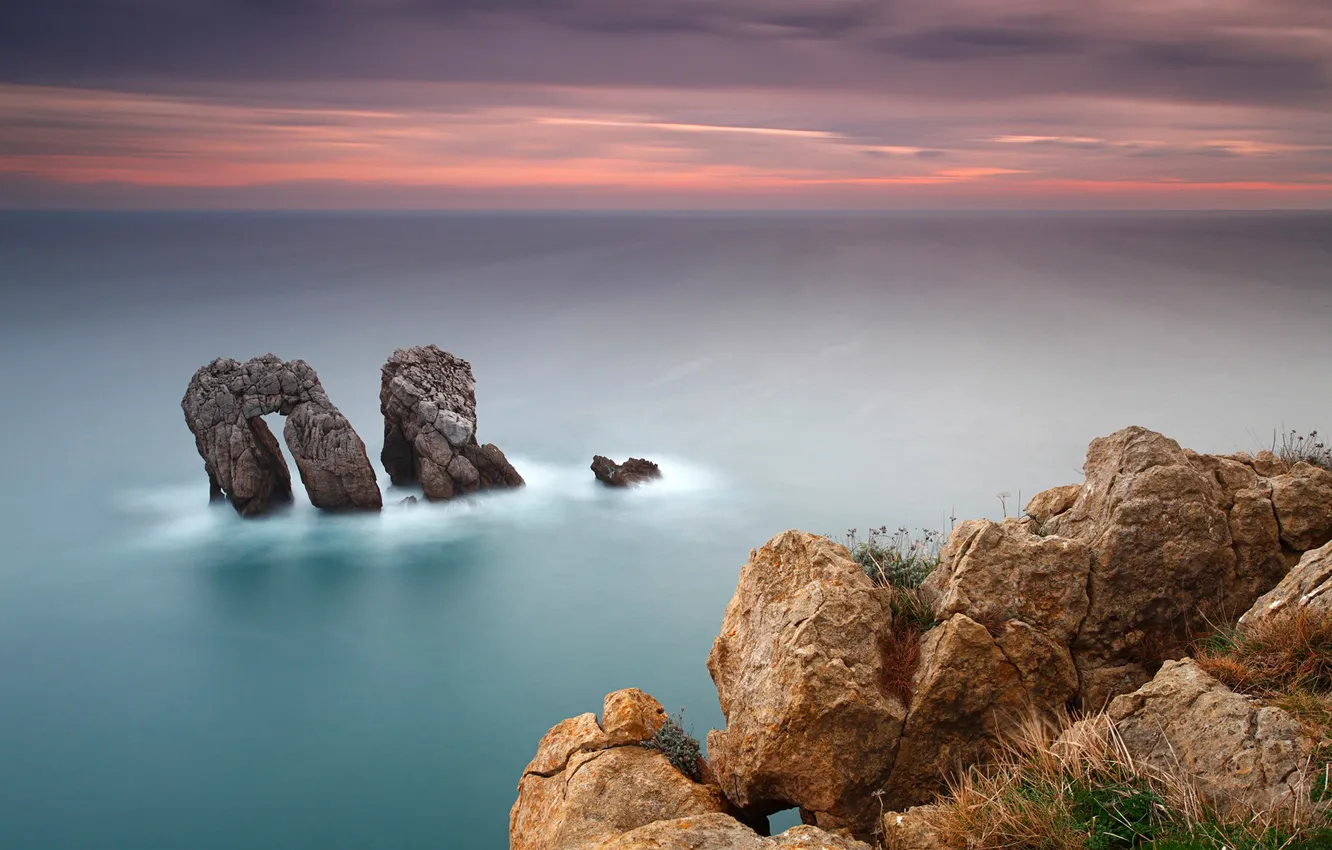 Фото обои море, небо, закат, гладь, камни, океан, скалы