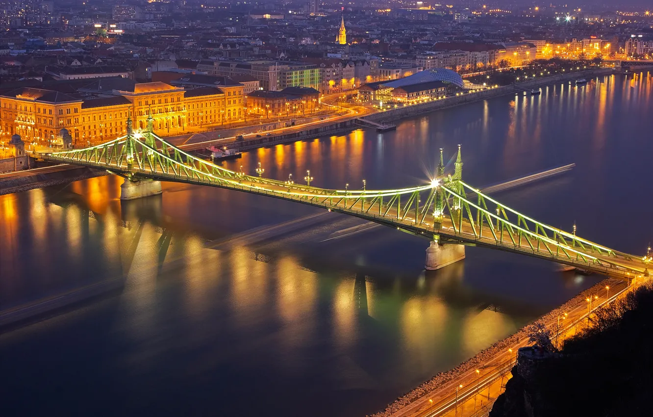 Фото обои ночь, мост, огни, река, панорама, Венгрия, Будапешт, Дунай