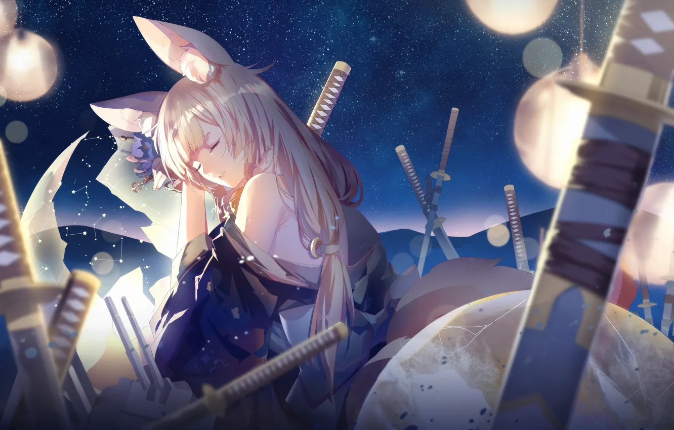Фото обои девушка, ночь, меч, спит, ушки