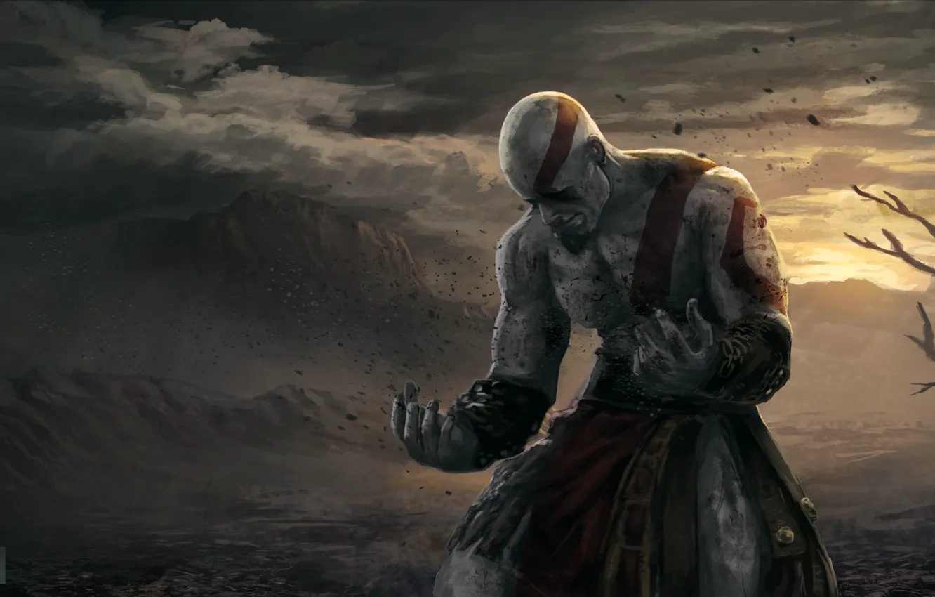 Фото обои воин, god of war, kratos, sony, art, спартанец