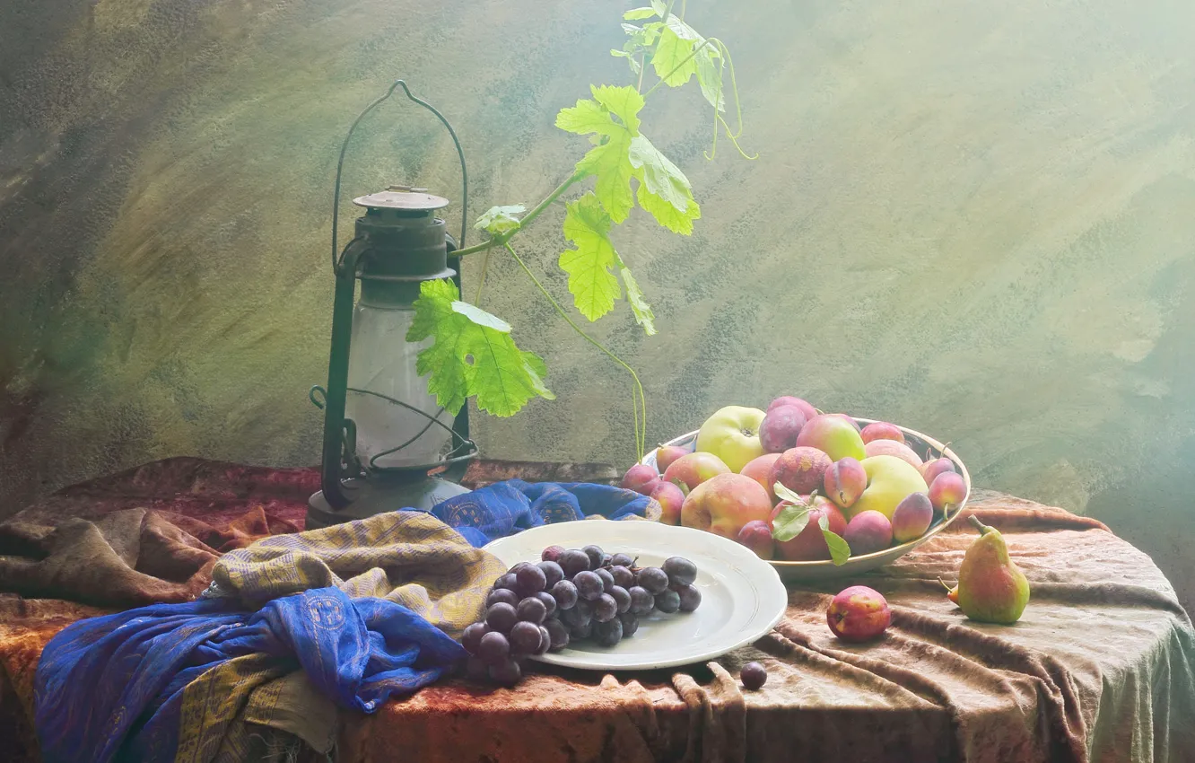 Фото обои листья, яблоки, виноград, фрукты, натюрморт, сливы, груши, предметы