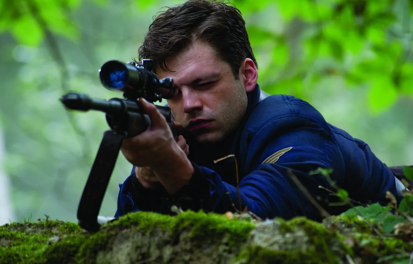 Фото обои оптика, снайпер, прицел, винтовка, боке, Первый мститель, Sebastian Stan, Bucky Barnes
