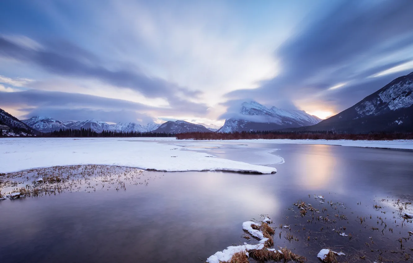 Фото обои ice, sunset, cloud, mountain, lake, snow, vermilion