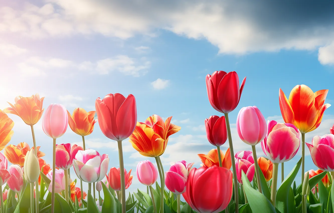Фото обои поле, цветы, весна, colorful, тюльпаны, sunshine, цветение, blossom