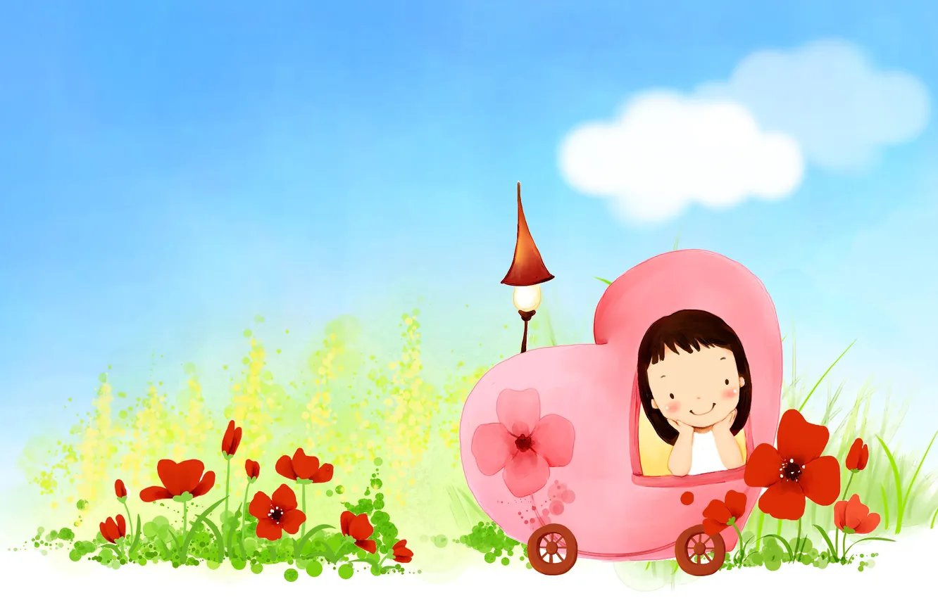 Фото обои облака, цветы, улыбка, фонарик, девочка, автомобиль, детские обои