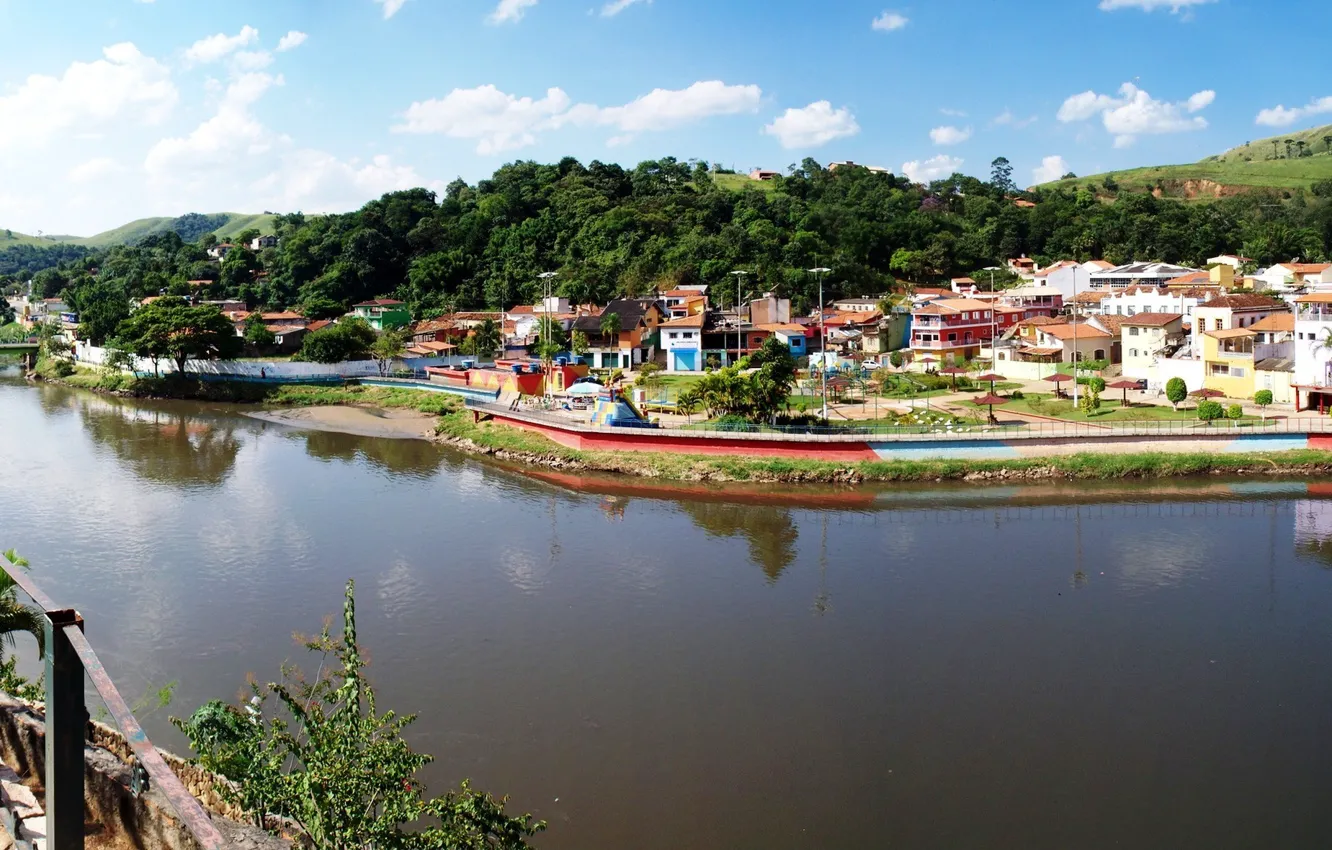 Фото обои мост, река, дома, бразилия, панорамма, сан паулу