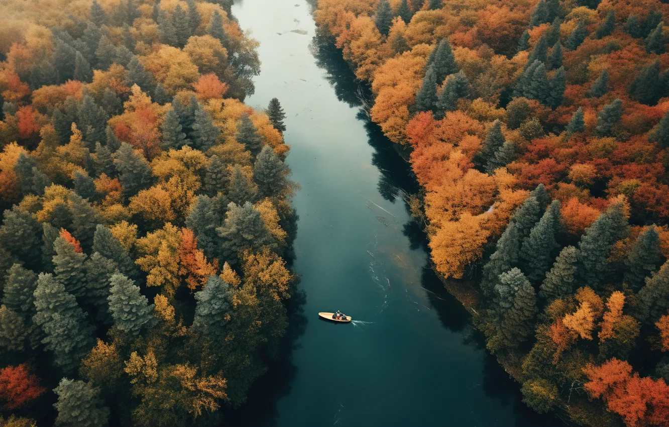 Фото обои осень, лес, деревья, река, листва, лодка, высота, водоем