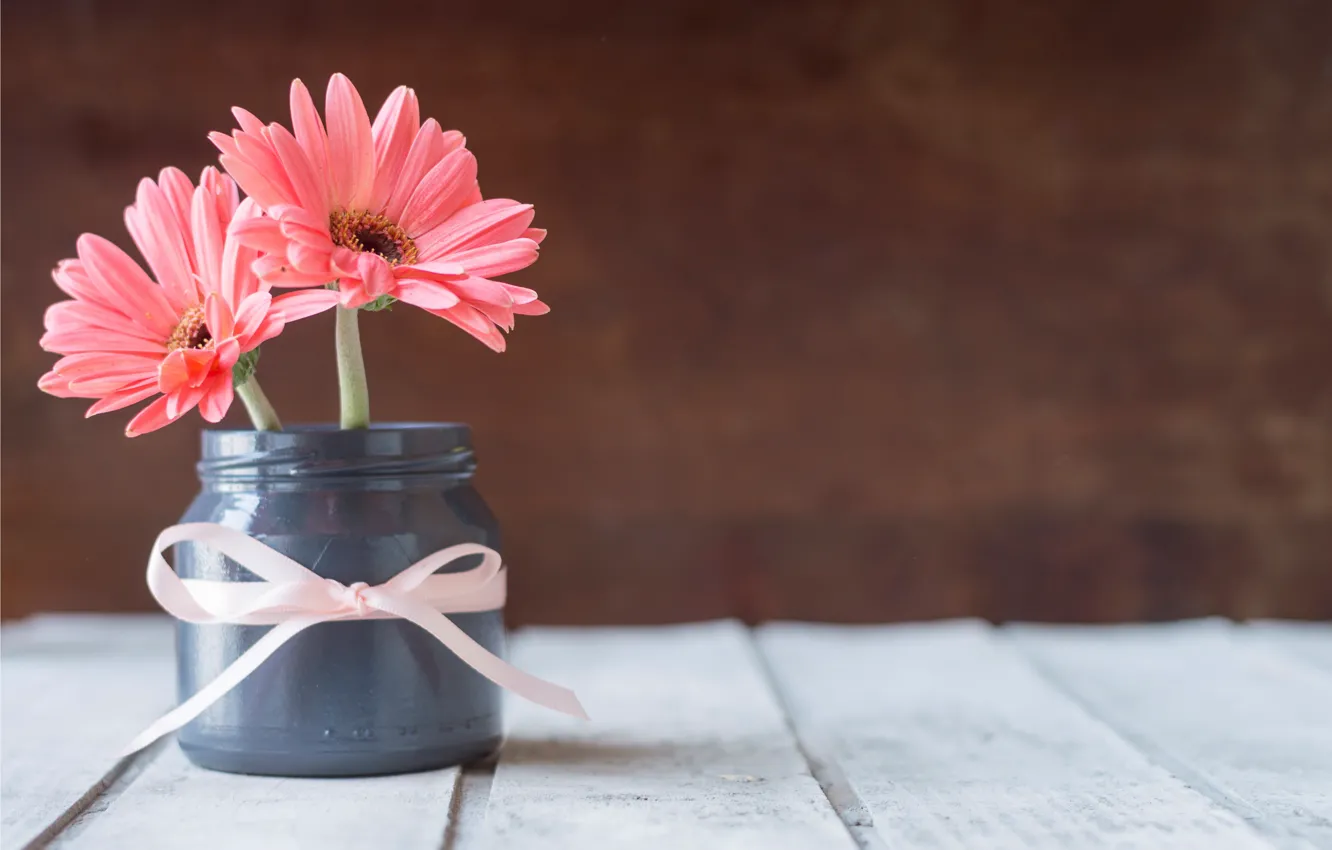 Фото обои лента, банка, хризантемы, wood, pink, flowers, mug