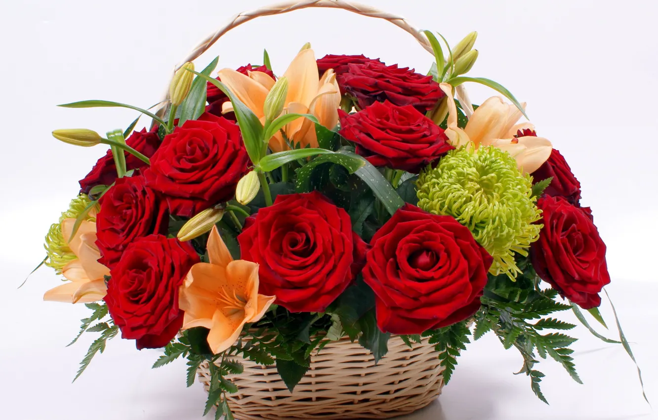 Фото обои цветок, цветы, природа, корзина, лилии, розы, букет, красные