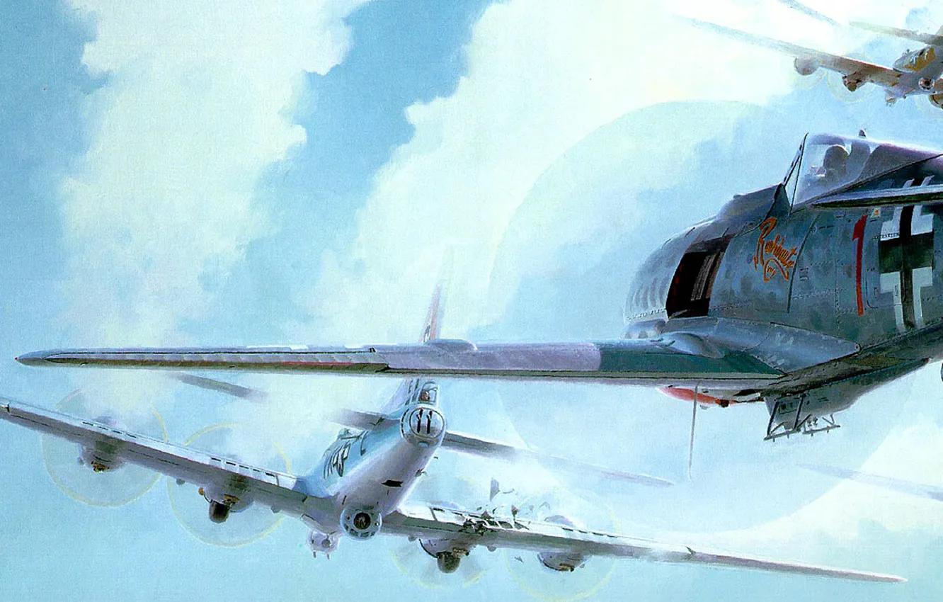 Фото обои война, рисунок, истребитель, арт, воздушный бой, бомбордировщики, перехват, fw-190