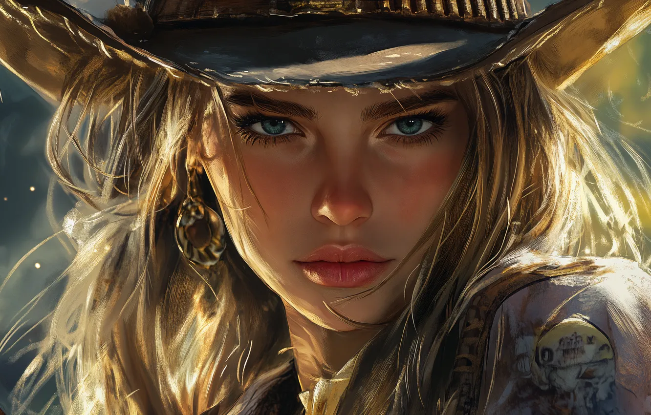 Фото обои girl, hat, eyes, cowgirl, ai art