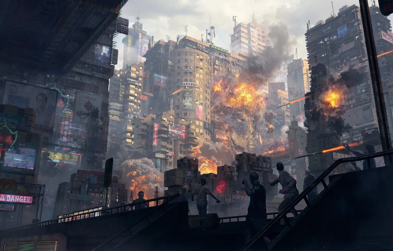 Фото обои Город, Огонь, Люди, Взрыв, City, Ракета, Fire, Архитектура