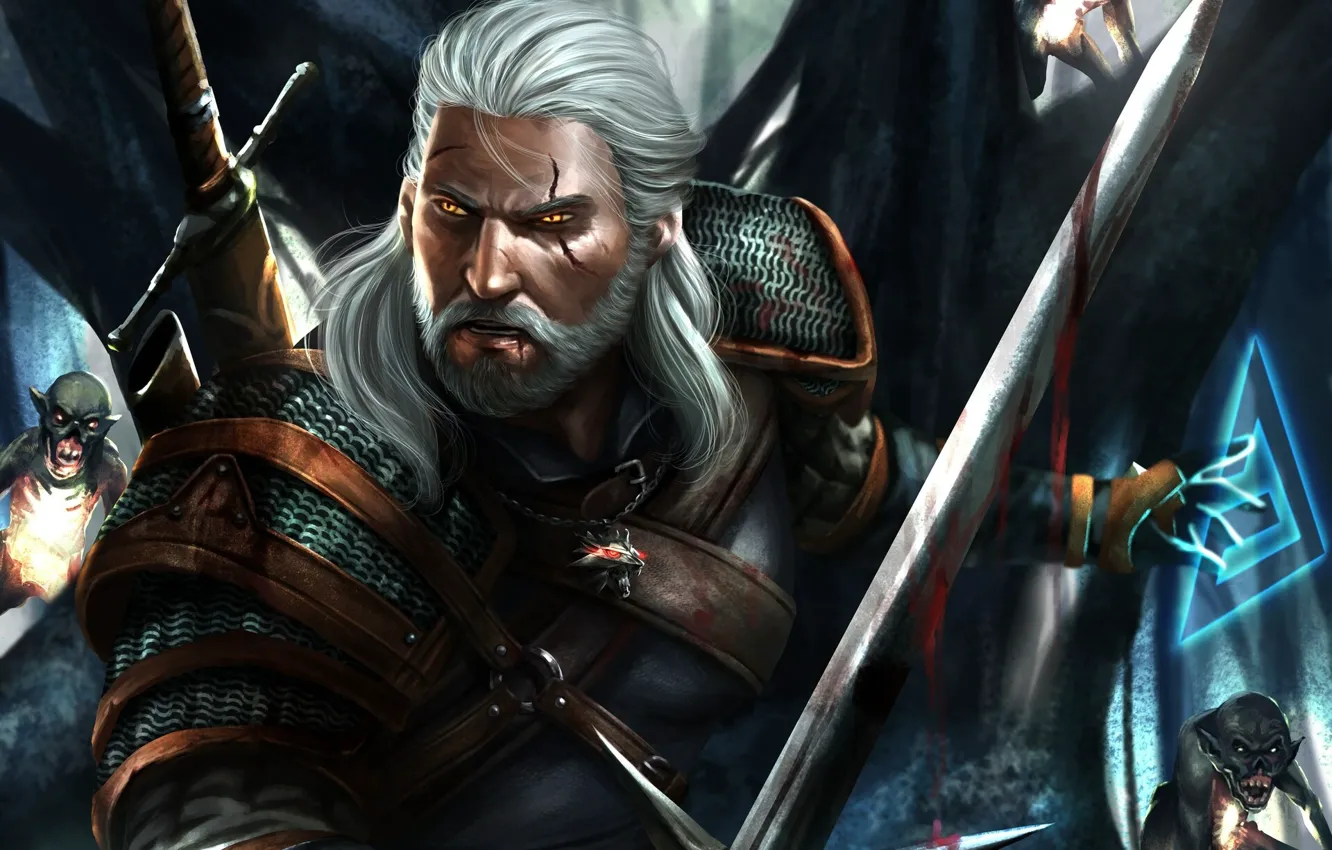 Фото обои лес, воин, гоблины, Geralt of Rivia, Ведьмак 3: Дикая Охота