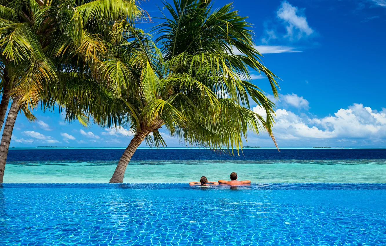 Фото обои море, пальмы, бассейн