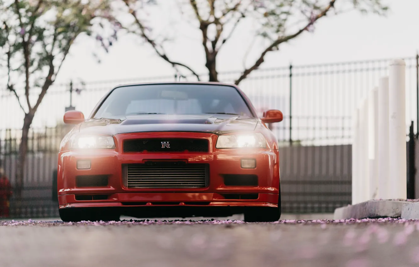 Фото обои Nissan, Red, GT-R, R34, Front view
