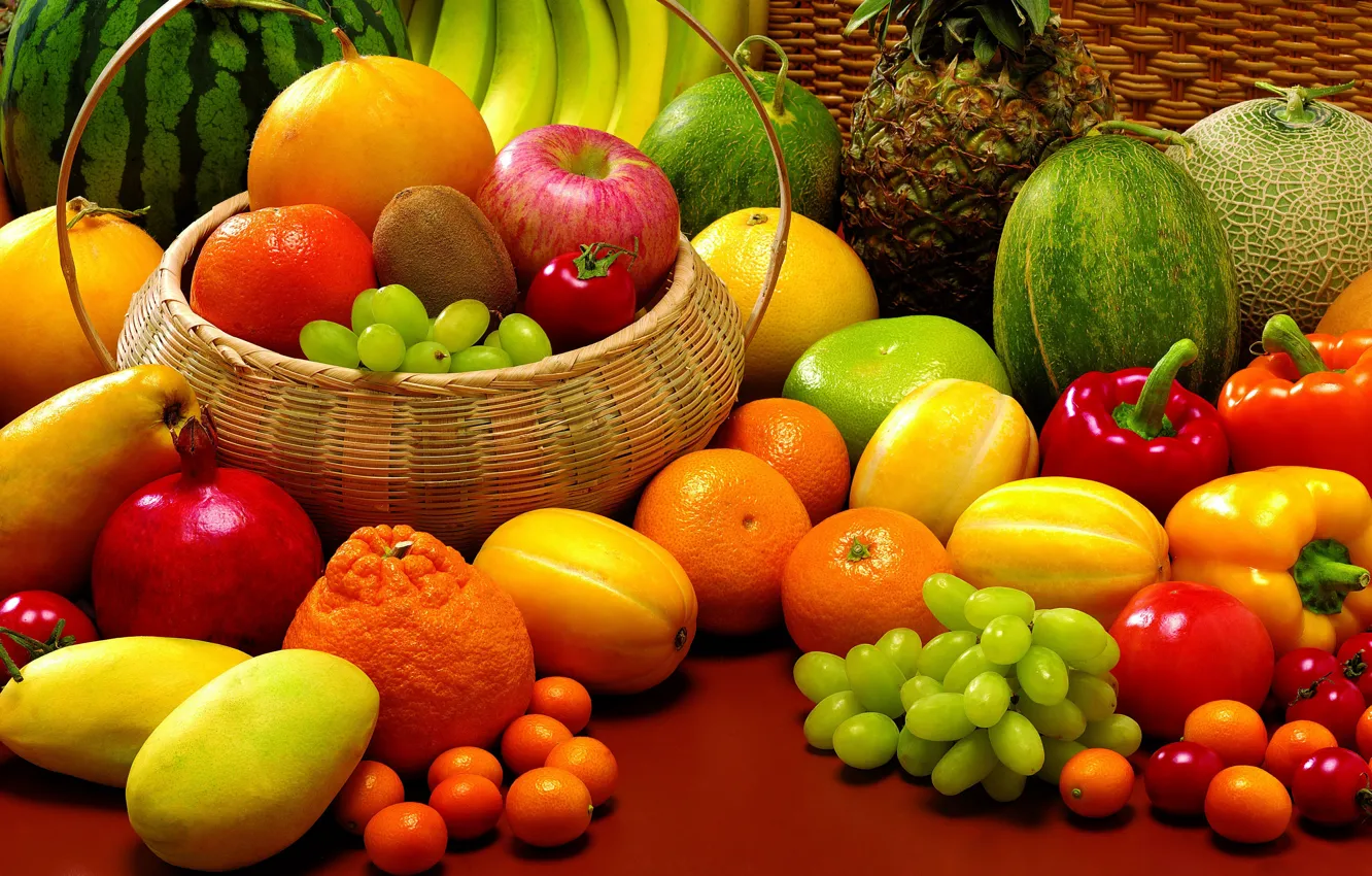 Фото обои арбуз, виноград, бананы, фрукты, ананас, натюрморт, овощи, помидоры