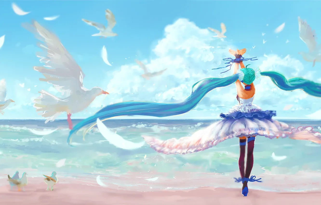 Фото обои небо, девушка, облака, пейзаж, птицы, океан, берег, аниме