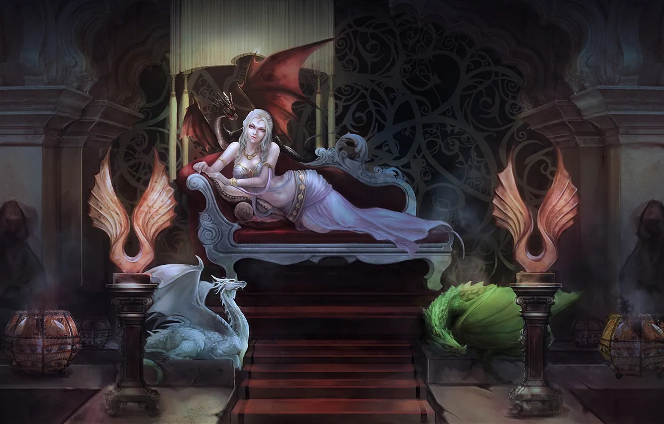 Фото обои девушка, диван, драконы, арт, колонны, трон, Игра Престолов, Песнь Льда и Огня
