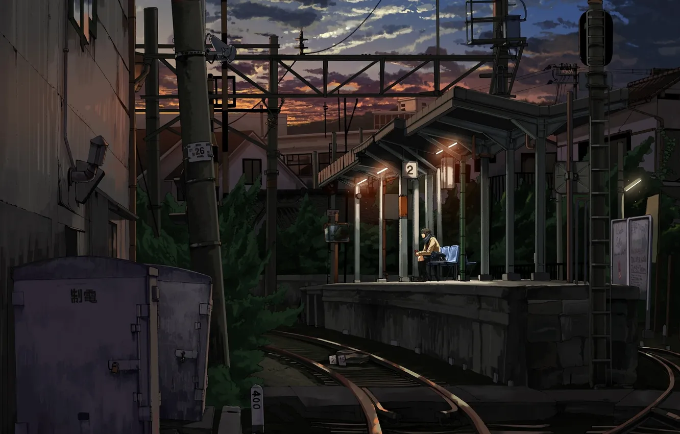 Фото обои девушка, закат, метро, станция, вечер, арт, форма, ожидание