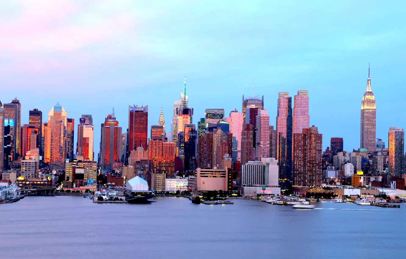Фото обои небо, небоскреб, дома, Нью-Йорк, панорама, США, Манхэттен