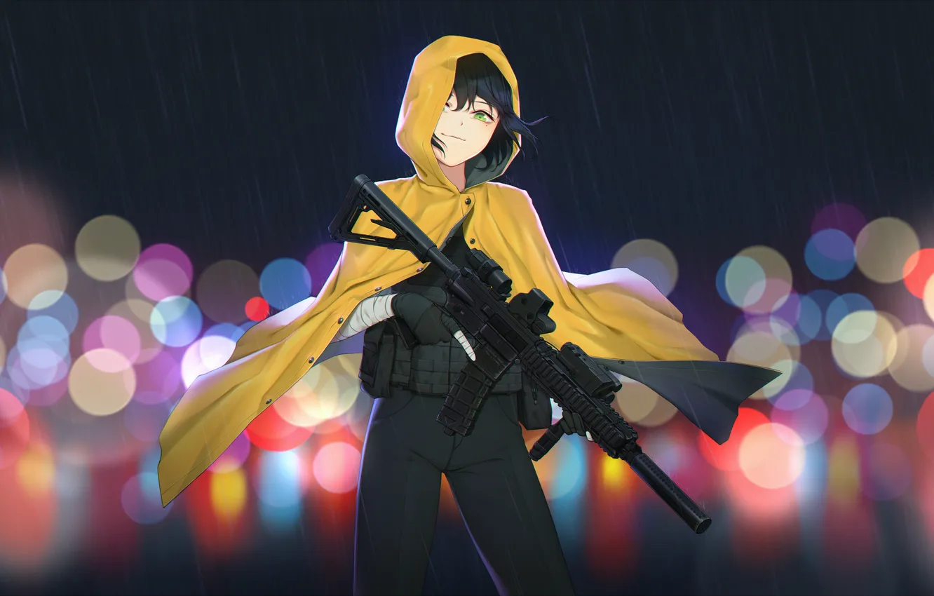 Фото обои девушка, ночь, дождь, автомат, боке