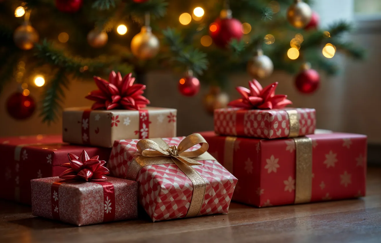 Фото обои украшения, елка, Рождество, подарки, Новый год, Christmas, tree, celebration