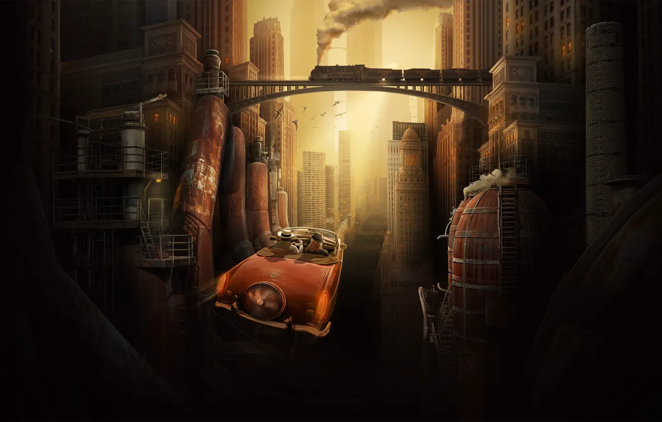 Фото обои авто, мост, металл, трубы, город, ретро, будущее, фантазия