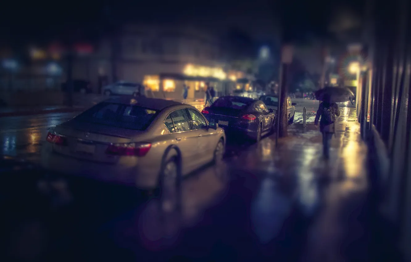 Фото обои машина, свет, ночь, город, дождь, улица