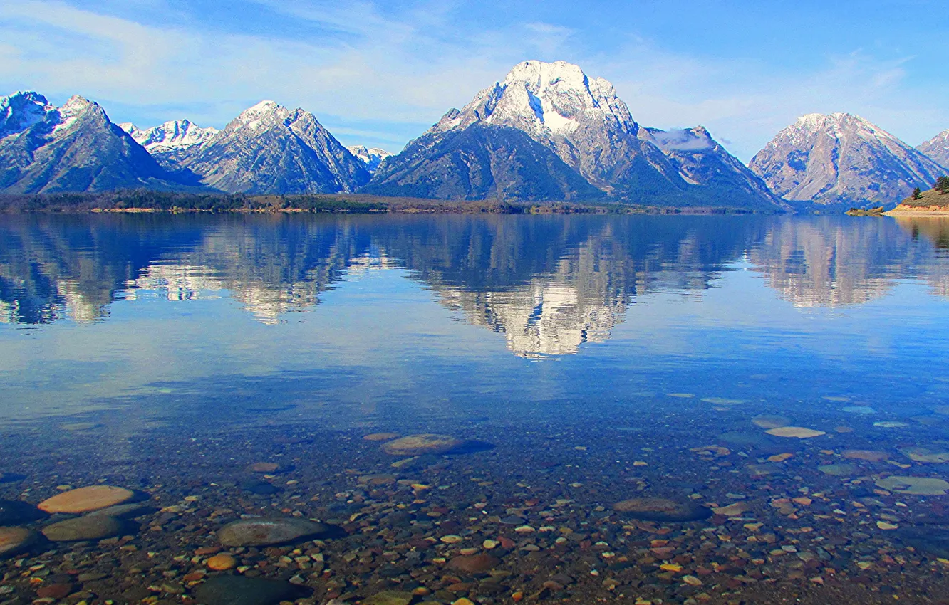 Фото обои небо, горы, озеро, камни, Вайоминг, США, grand teton national park