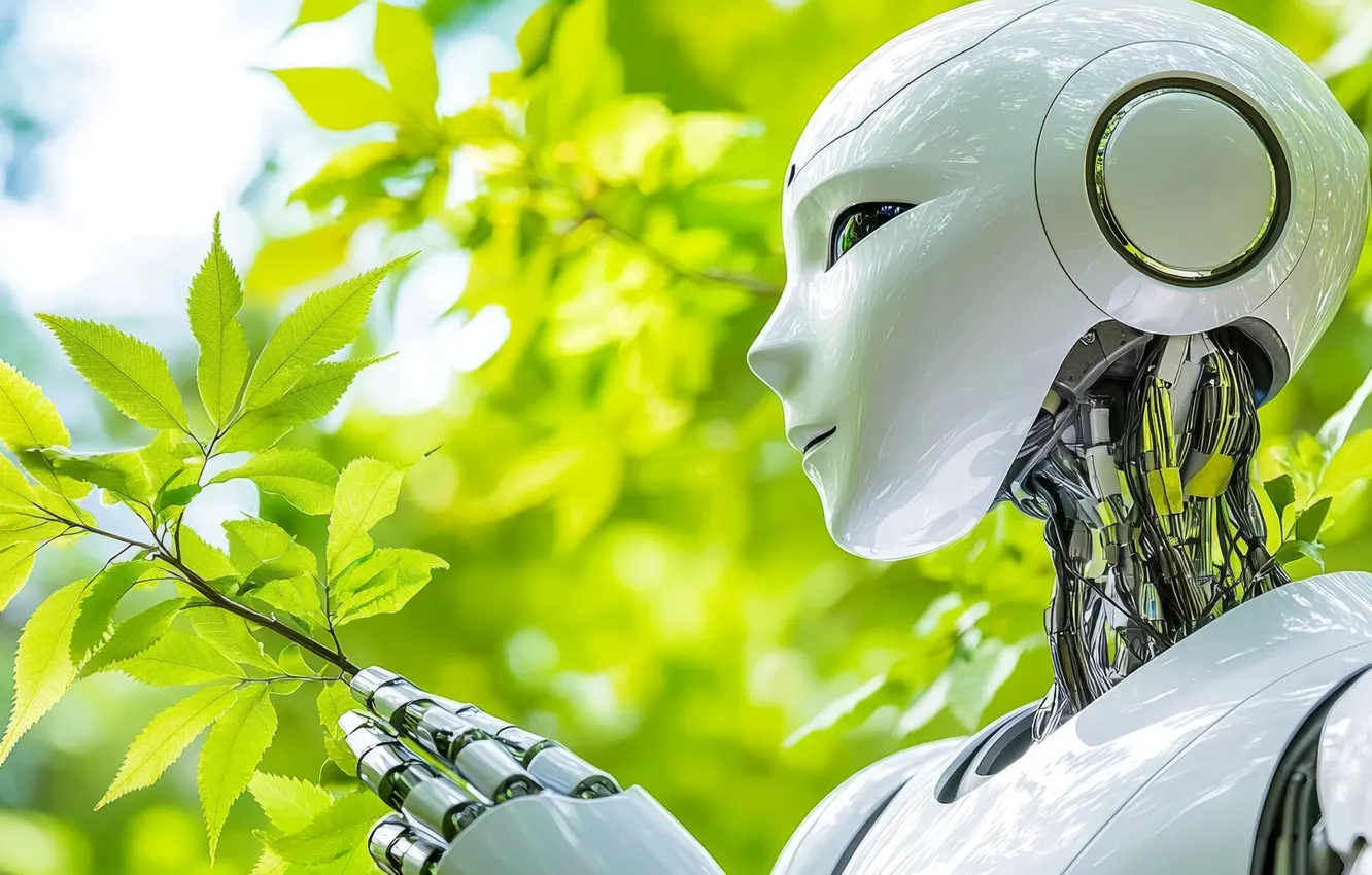 Фото обои robot, autumn, leaves, hi-tech, cyborg