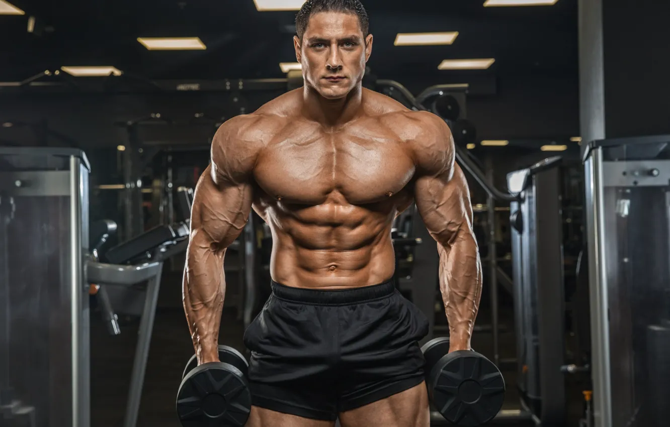 Фото обои muscle, мышцы, пресс, pose, гантели, gym, бодибилдер, abs