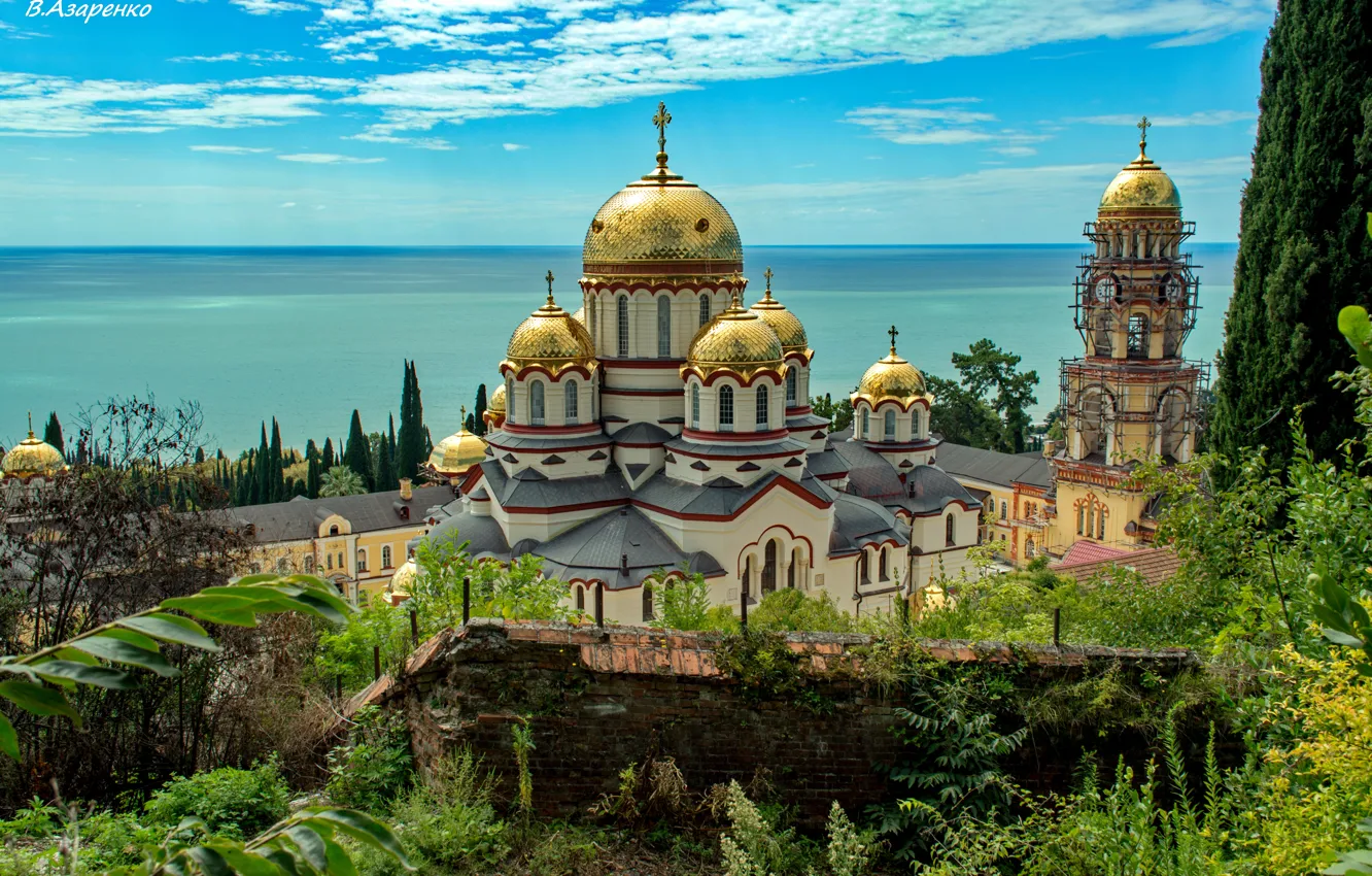 Фото обои море, небо, пейзаж, природа, вид, красиво, храм, архитектура