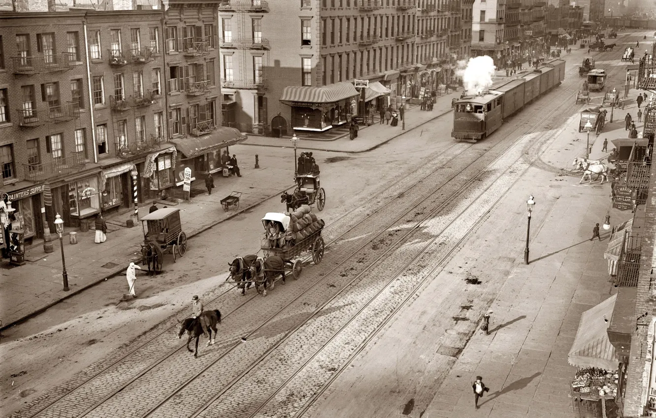 Фото обои ретро, улица, рельсы, поезд, повозка, США, Нью- Йорк