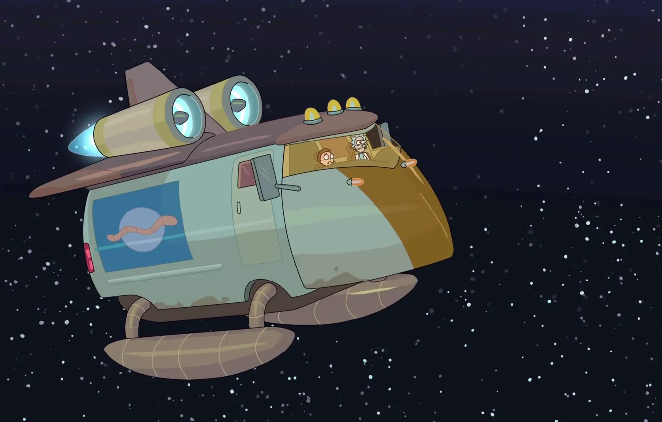 Фото обои Космос, Машина, Smith, Мультфильм, Sanchez, Rick, Rick and Morty, Рик и Морти