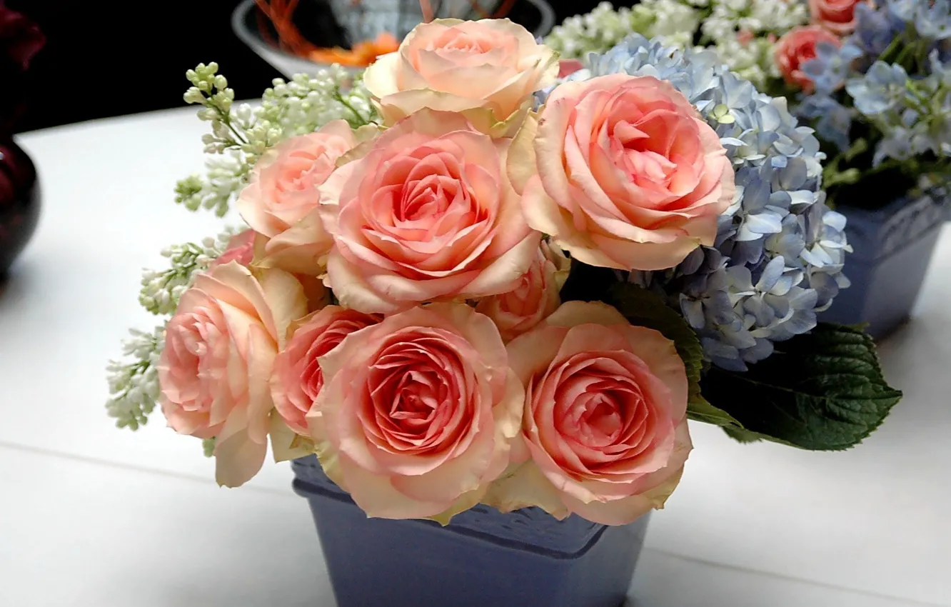 Фото обои цветы, розы, сирень, гортензия, букеты, композиции