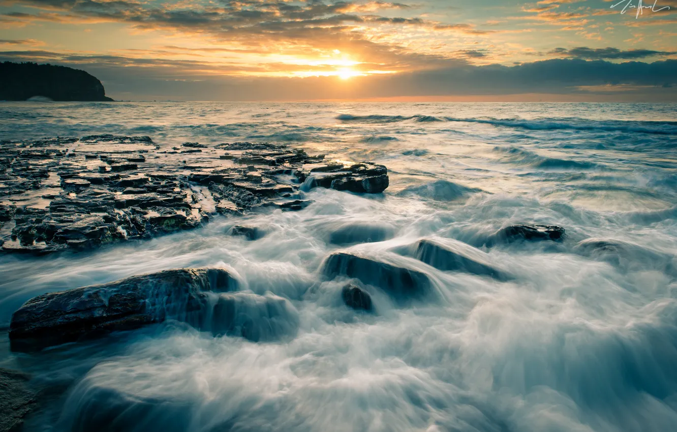 Фото обои закат, камни, Австралия, Australia, Warriewood Beach, New South Wales, Тасманово море, Tasman Sea