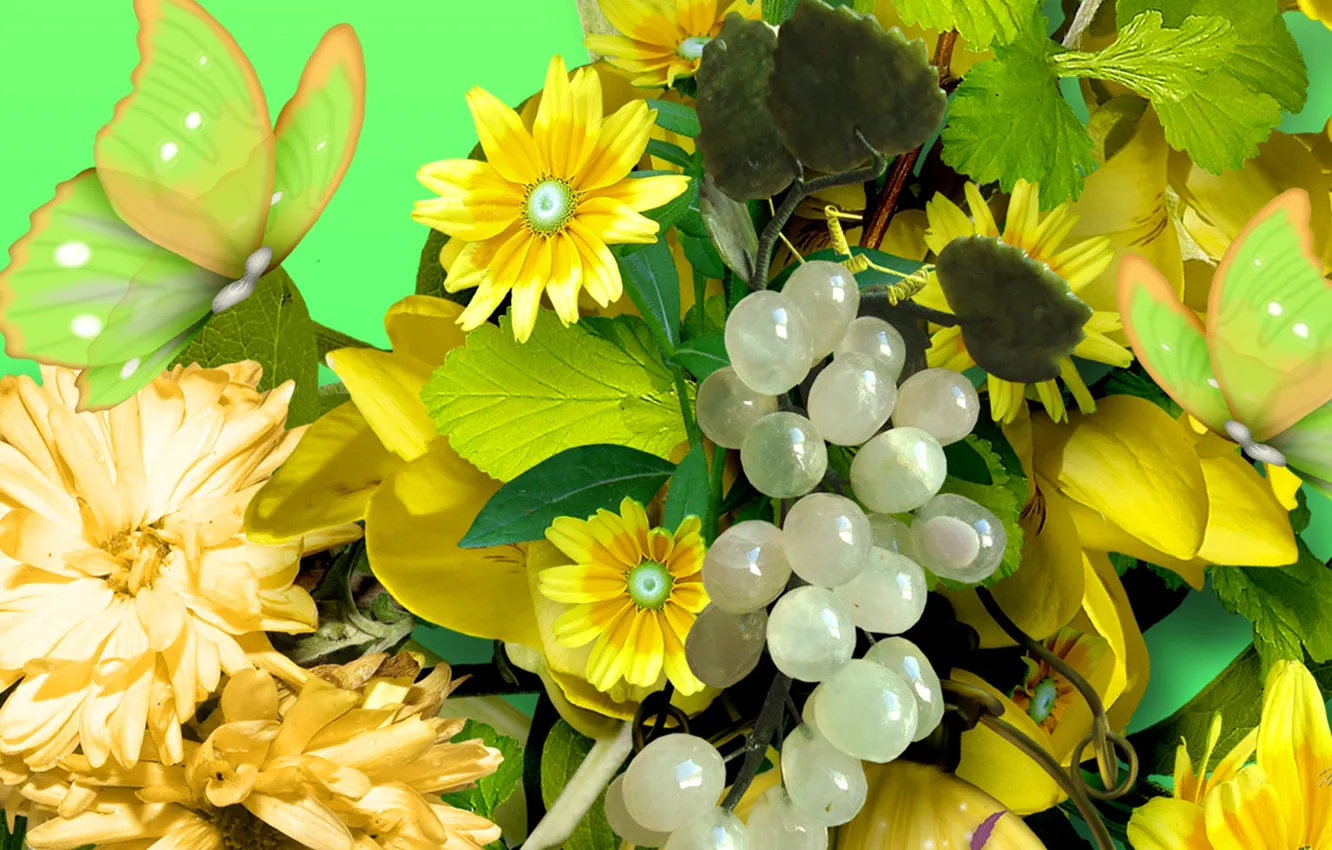 Фото обои листья, цветы, коллаж, бабочка, лепестки, виноград, лоза