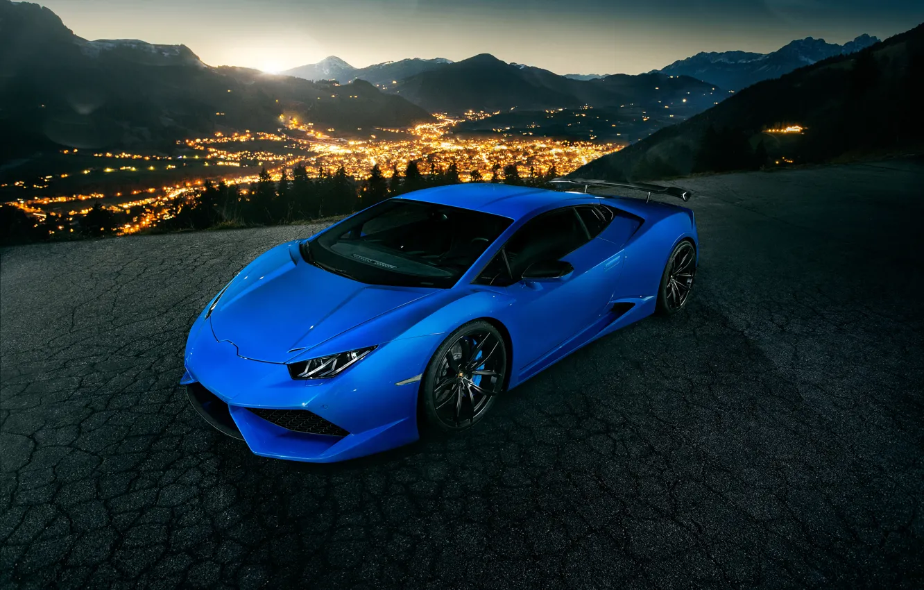 Фото обои огни, Lamborghini, синяя, ламборгини, Novitec Torado, Huracan, хуракан