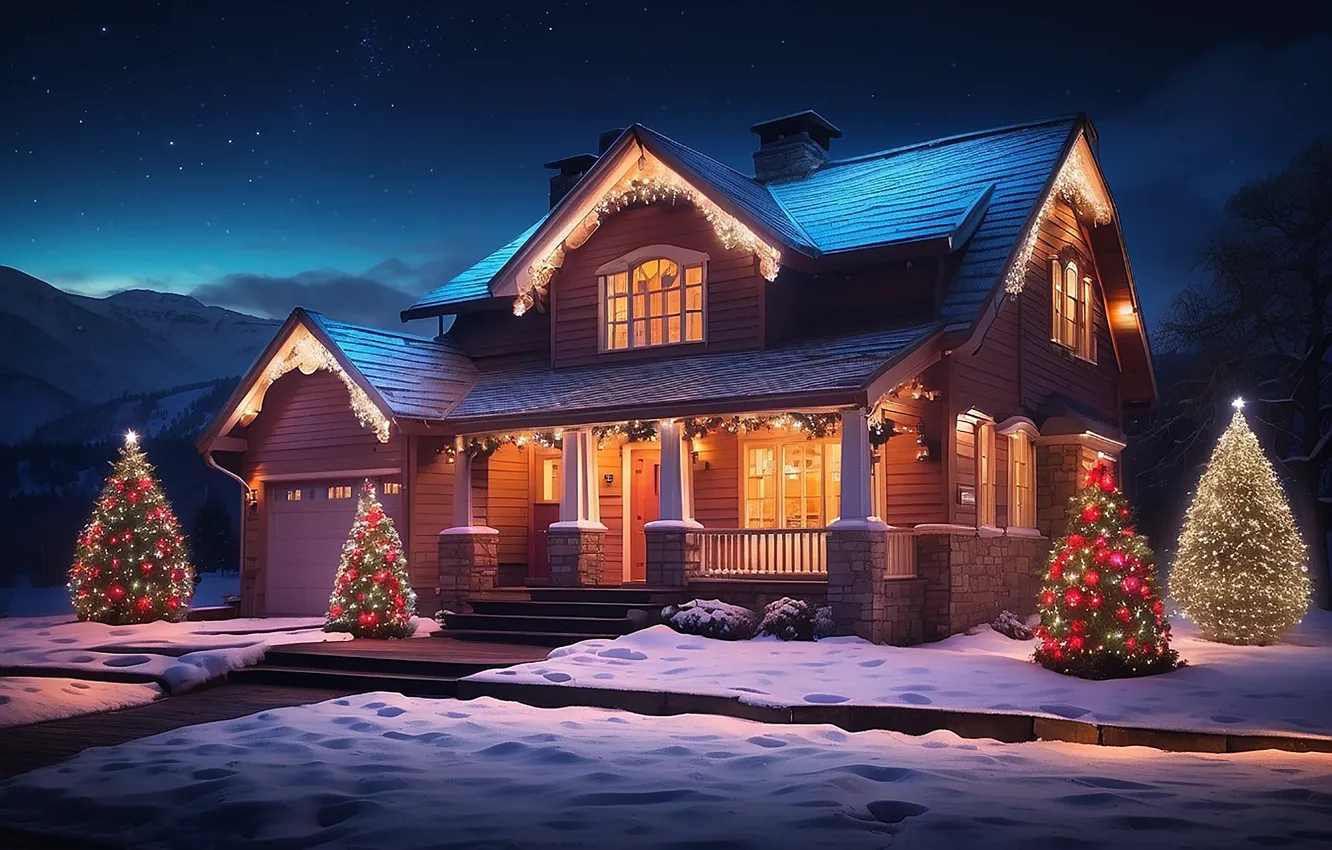 Фото обои зима, снег, украшения, ночь, lights, дом, елка, colorful