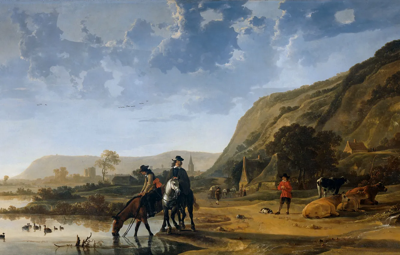 Фото обои пейзаж, люди, лошадь, картина, Альберт Якобс Кёйп, Речной Пейзаж с Всадниками