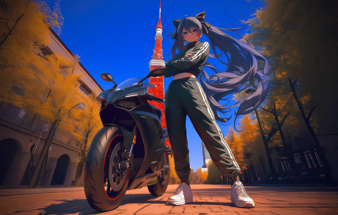 Фото обои girl, anime, adventure, biker