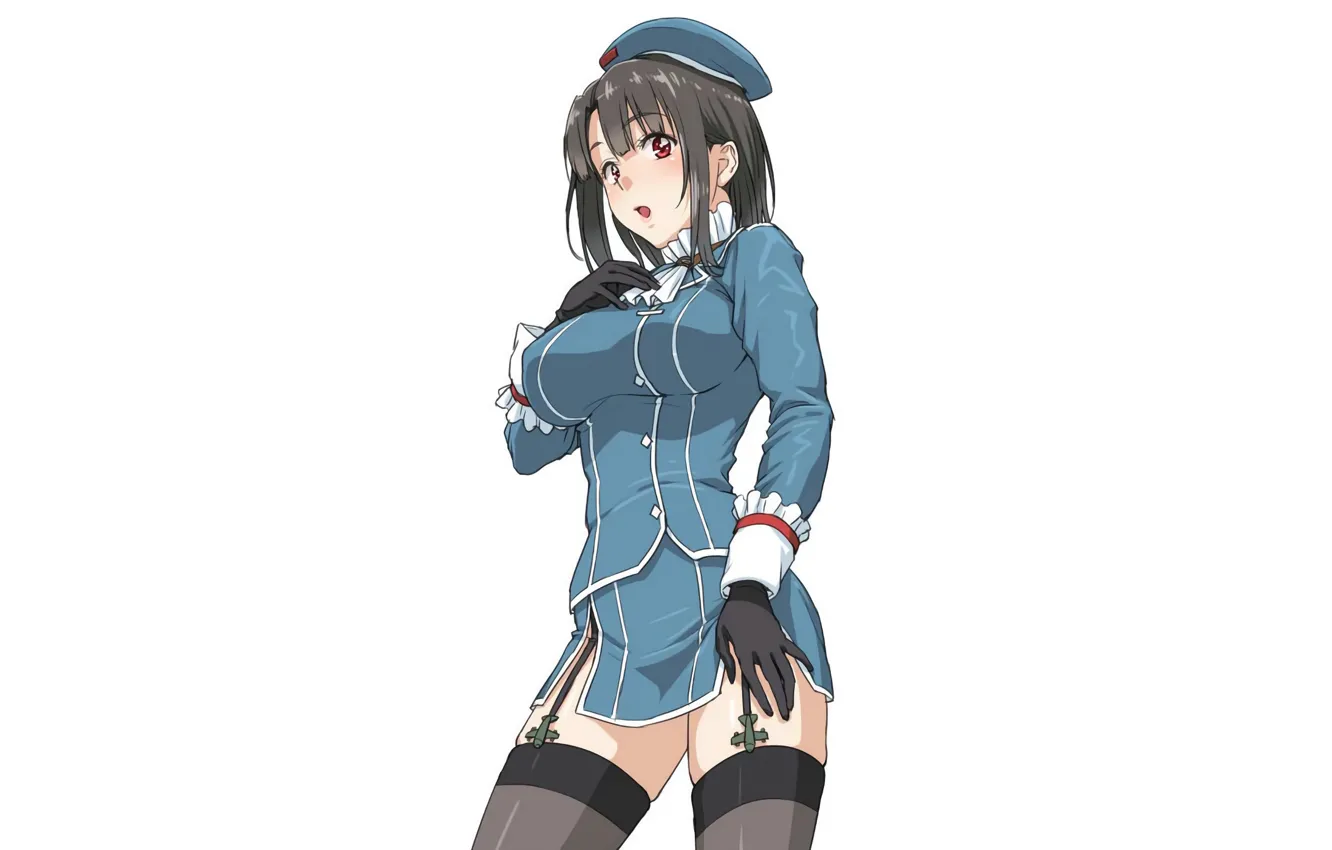 Фото обои girl, sexy, thighhighs, dress, anime, beautiful, red eyes, short hair
