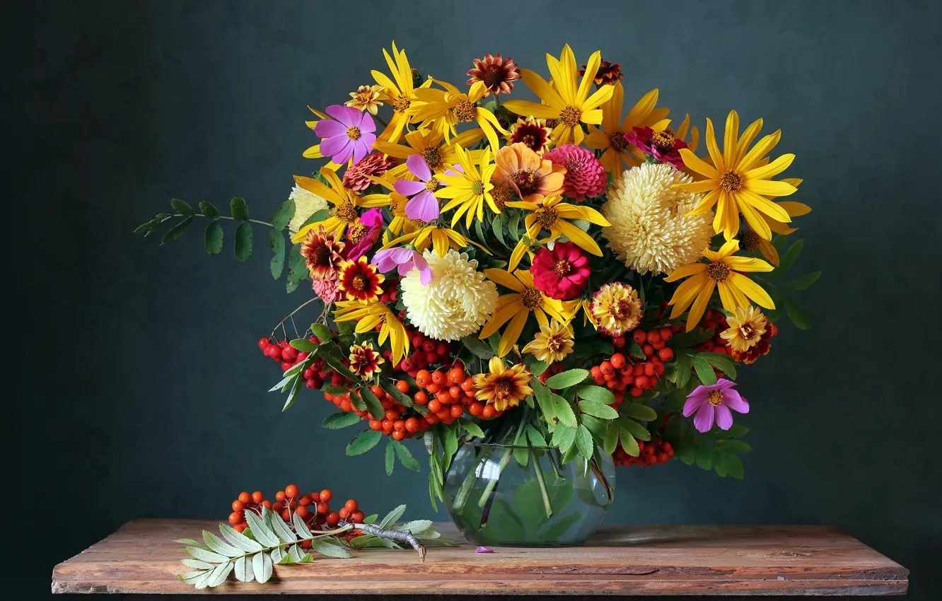 Фото обои осень, цветы, ягоды, букет, colorful, натюрморт, flowers, autumn
