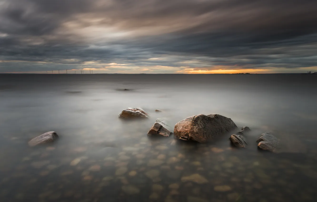 Фото обои озеро, камни, рассвет, Sweden, Varmland, Skoghall