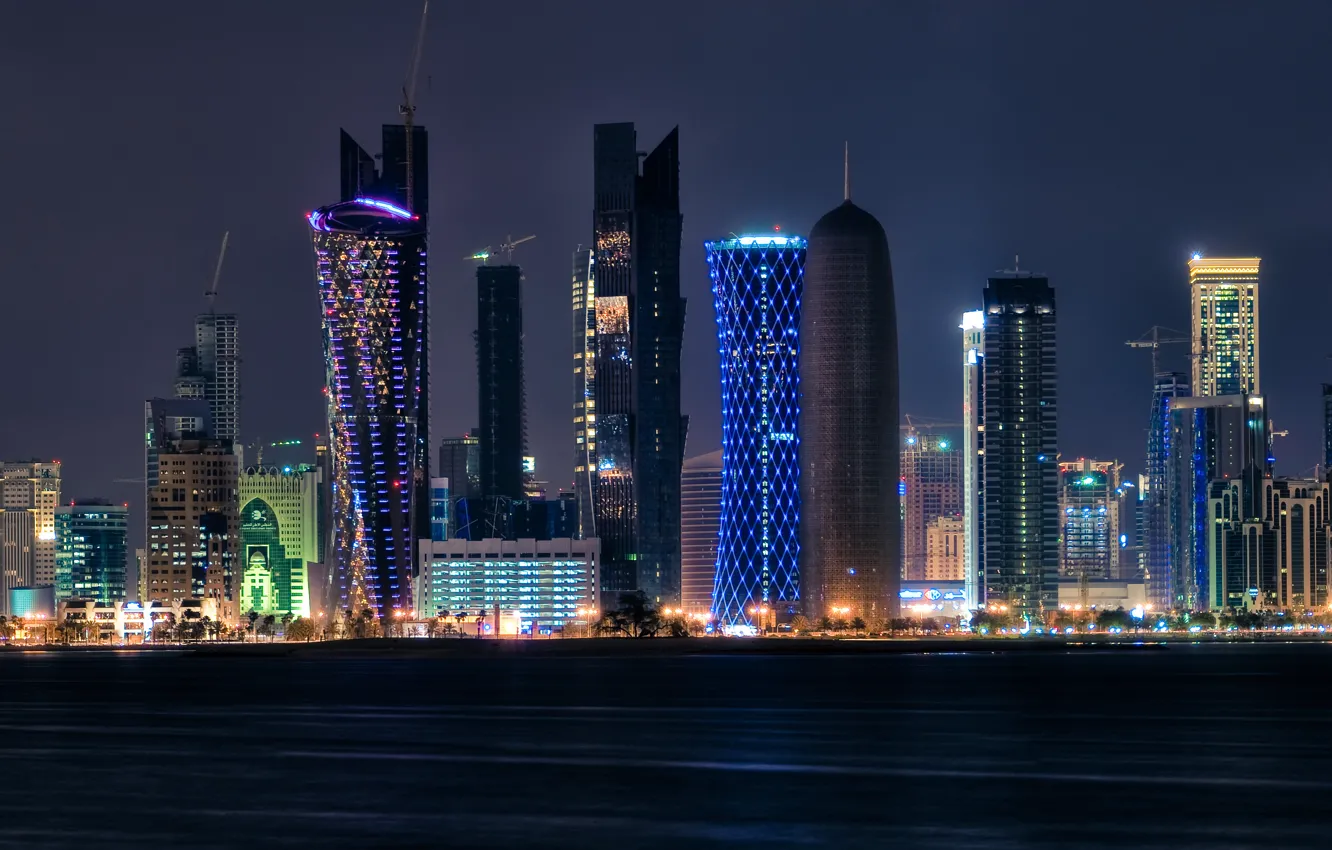 Фото обои ночь, огни, Qatar, Doha
